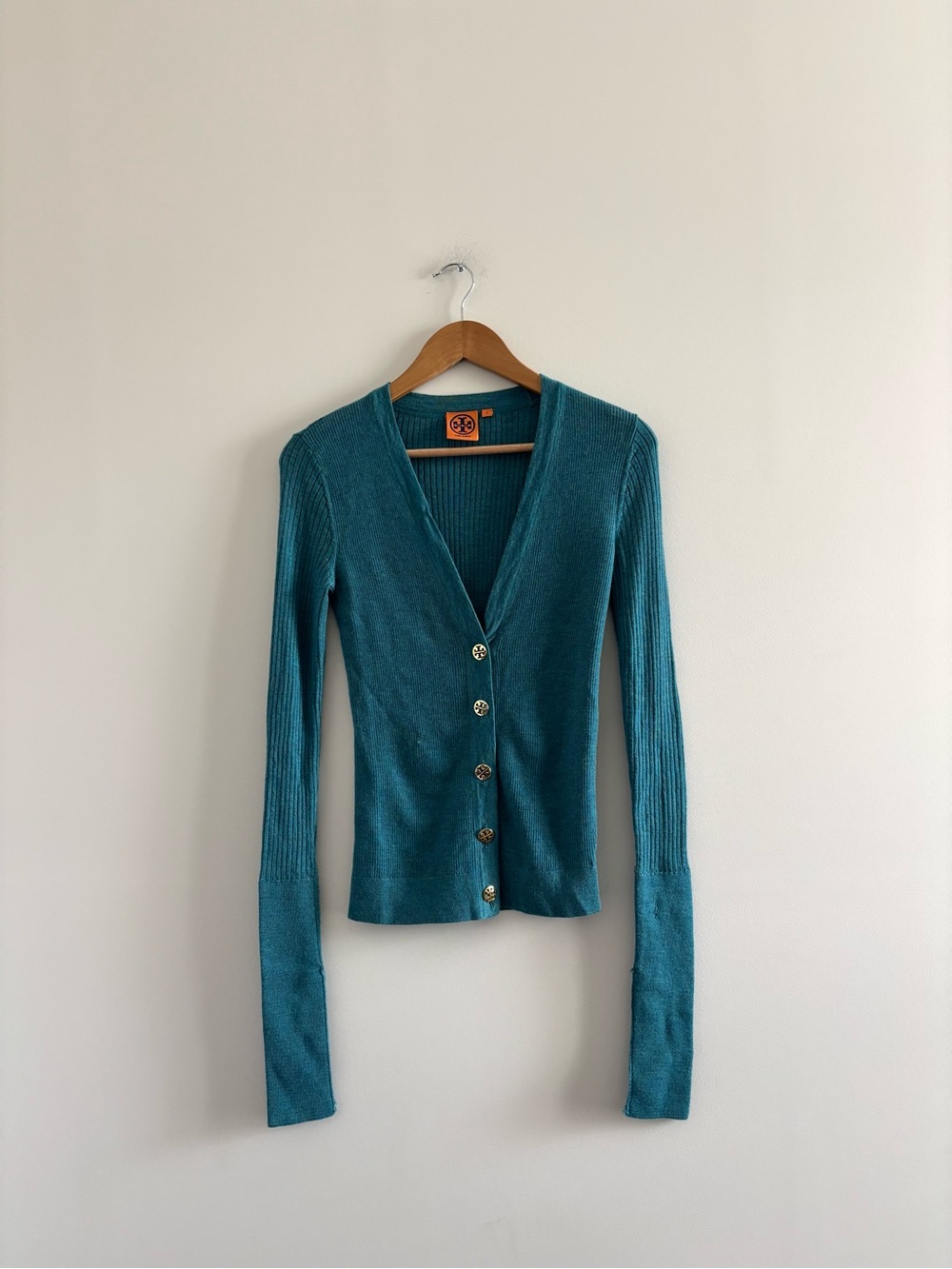 Tory Burch Cardigan Sweater Teal Gold Buttons Merino Wool V-Neck Womens S Preppy
